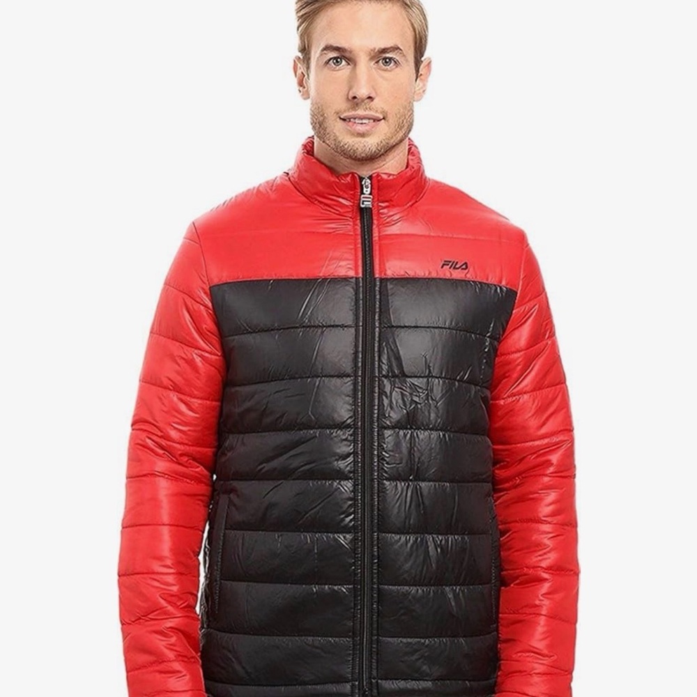 NWT XL FILA Men's Dynamic Puffer Jacket, Black/Red, Hidden Hood